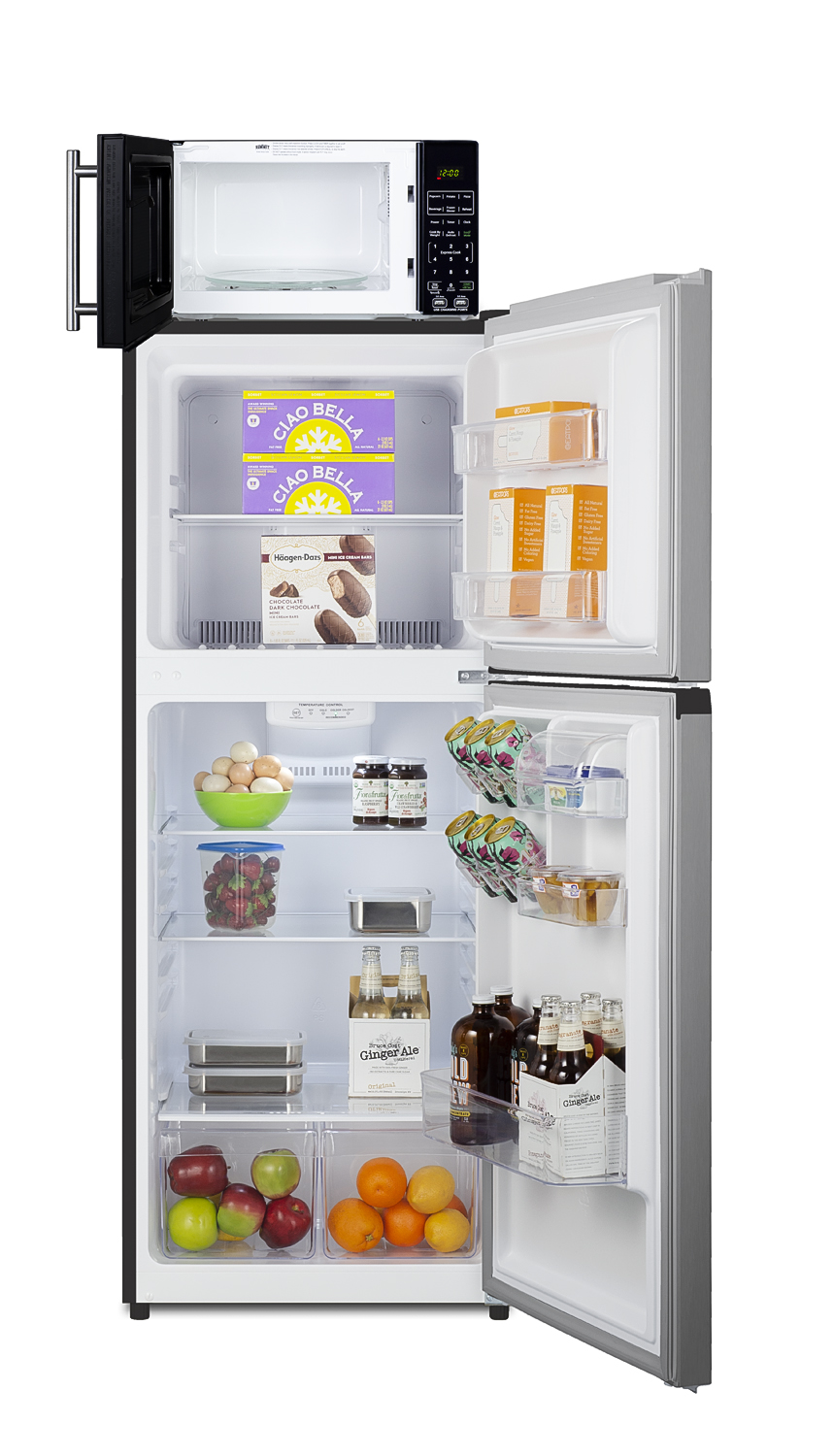 Frost-free 10.1 cu.ft. refrigerator-freezer and compact microwave in black with allocator and USB ports for 1-plug operation; ships in three boxes on one pallet